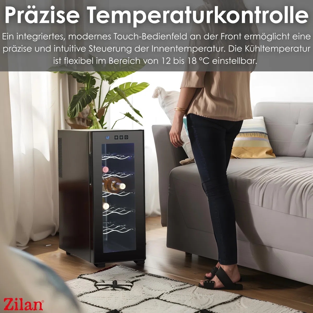 Zilan Weinkühlschrank mit Touch-Bedienfeld – 33 Liter / 12 Flaschen – Edelstahl Getränkekühlschrank Mini Kühlschrank Minibar mit UV-Glastür - leiser Betrieb <27 dB, stufenlose Temperaturregelung