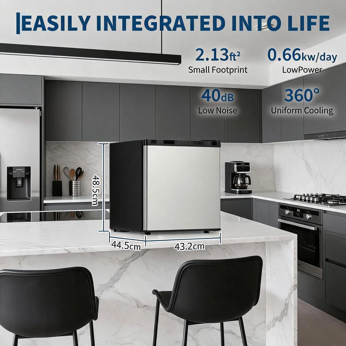Mini Getränkekühlschrank 45,2L, Leise, Edelstahl, Schlafzimmer & Büro Energieeffizient (0,66 KWh/Tag) 0–10°c Regelung Schnellgefrieren 30 Min LED-Beleuchtung Umkehrbare Tür