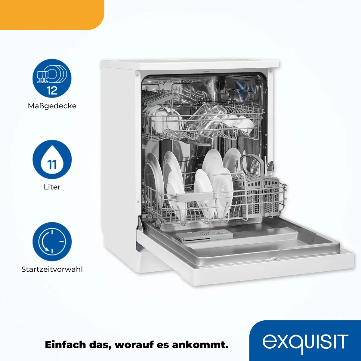 Exquisit Geschirrspüler GSP9112-030E Weiss | Spülmaschine 60 cm freistehend und unterbaufähig | Standgerät | 12 Maßgedecke | Weiß