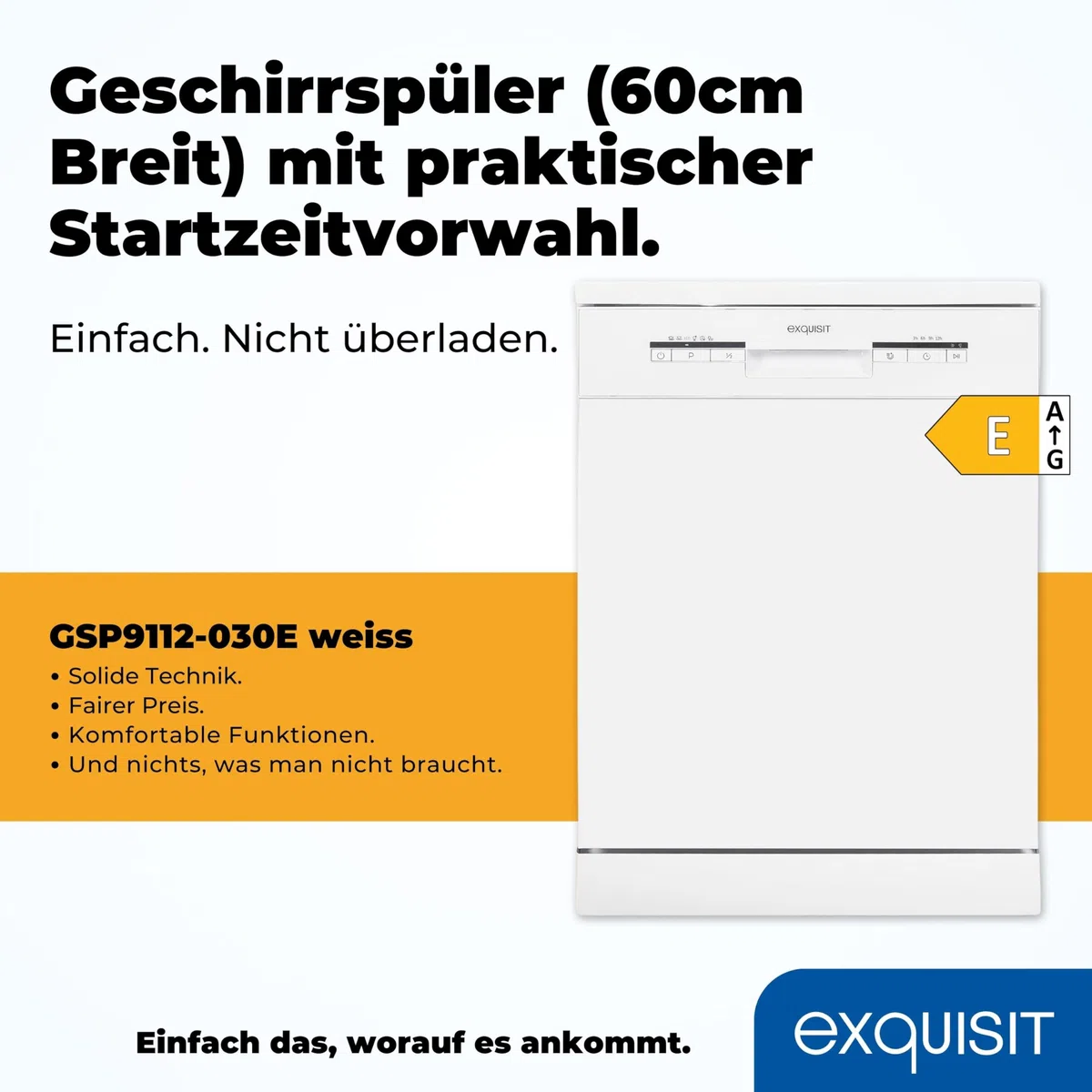 Exquisit Geschirrspüler GSP9112-030E Weiss | Spülmaschine 60 cm freistehend und unterbaufähig | Standgerät | 12 Maßgedecke | Weiß