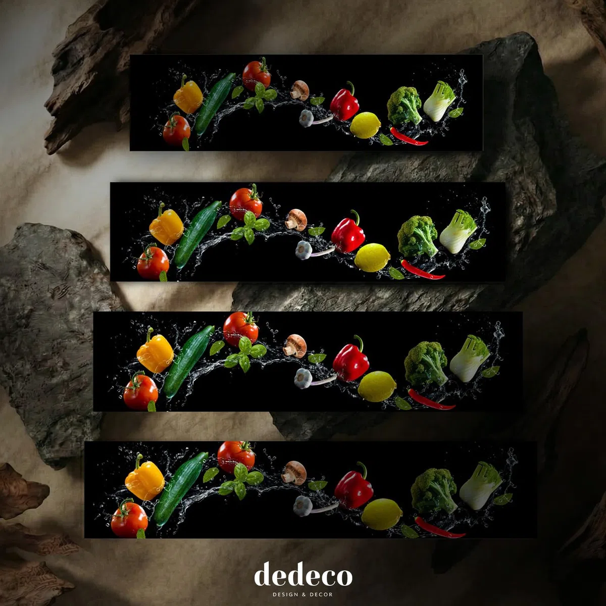 Dedeco Küchenrückwand Motiv: Obst & Gemüse V1, 3mm Aluminium Platte als Fliesenverkleidung Spritzschutz Küchenwand Verbundplatte wasserfest, inkl. UV-Lack glänzend, alle Untergründe, 260 x 60 cm