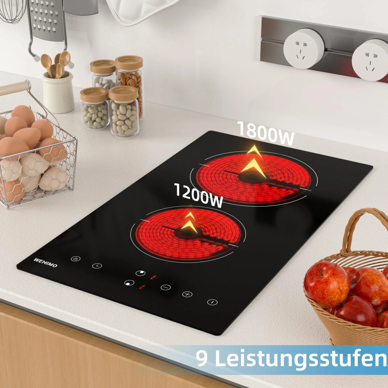 WEHIMO Domino Glaskeramikkochfeld 29.5cm, 3000W 2 Kochzonen, Berührungssteuerung, Kindersicherung & Timer, Für Alle Töpfe (2er-Pack)