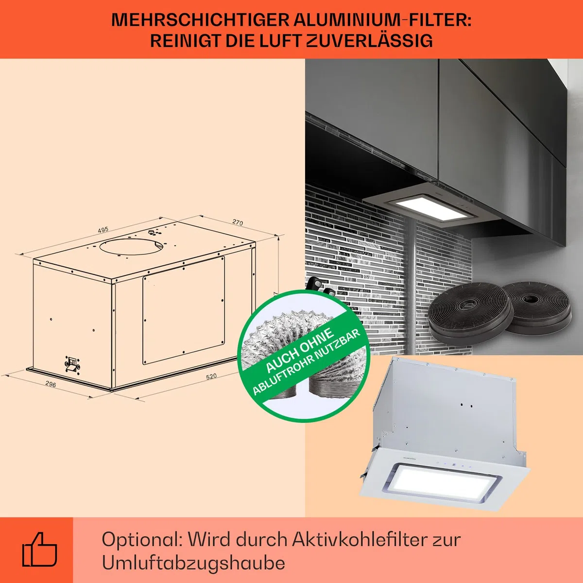 Klarstein Dunstabzugshaube Unterbau, Einbau-Dunstabzugshaube Flach mit Spülmaschinenfestem Aluminium-Fettfilter, 506m³/h Luftstrom, LEDs, Abzugshaube aus Stahl, Dunstabzugshaube ohne Abluftrohr