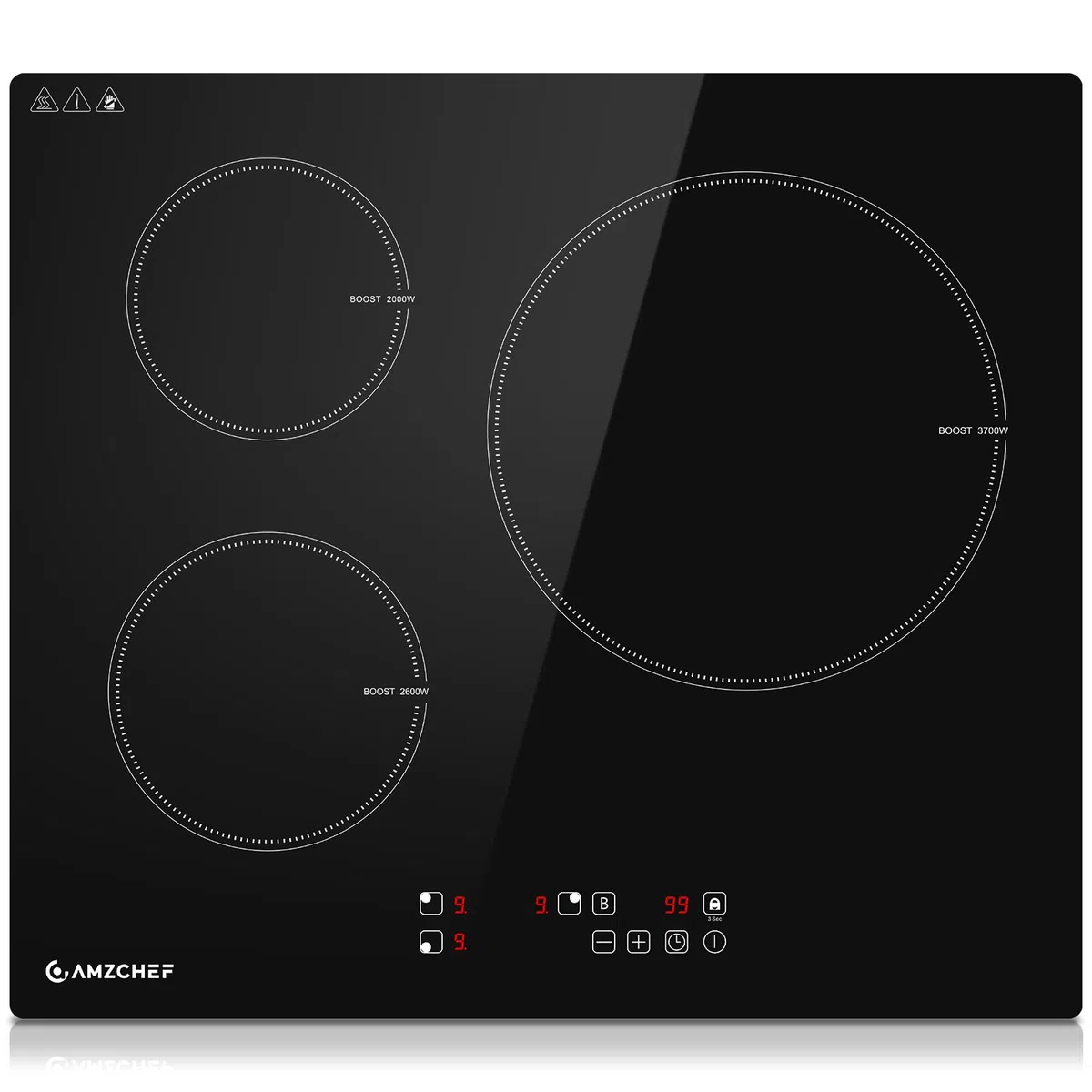 AMZCHEF Induktionskochfeld 60cm, Induktionskochplatte mit 9 Leistungsstufen und Boost, Sicherheitsschloss und Timer, Überhitzungsschutz, LED-Touchscreen, Einbau, 7400W