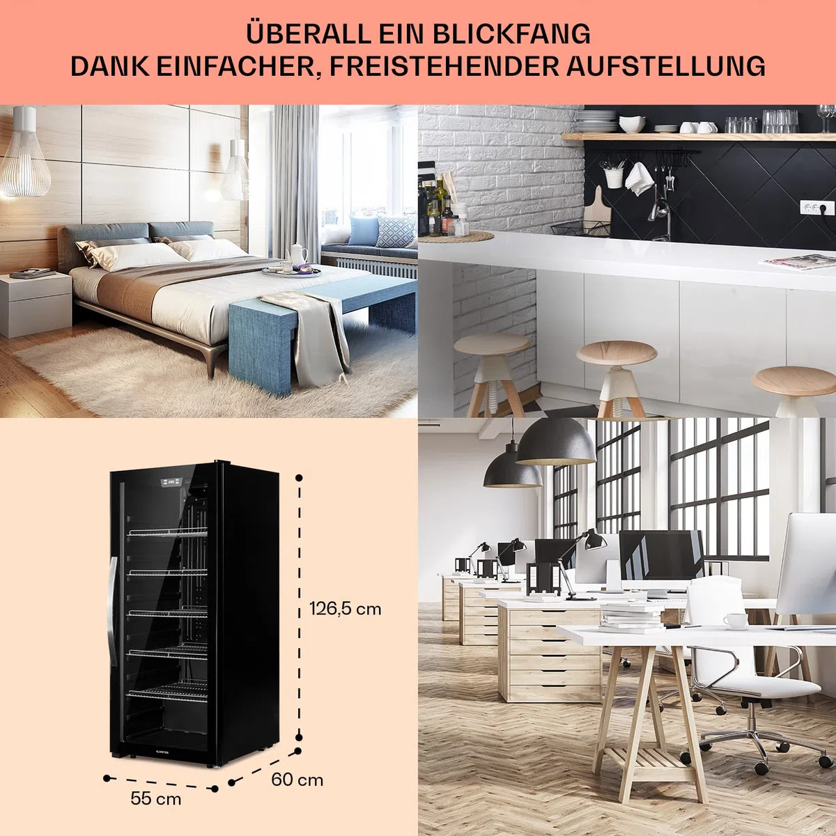 Klarstein Beersafe Getränkekühlschrank 242 L – Kühlschrank mit Glastür, Schwarz | LED-Beleuchtung, herausnehmbare Metallablagen, leise, Flaschenkühlschrank für Getränke & Dosen