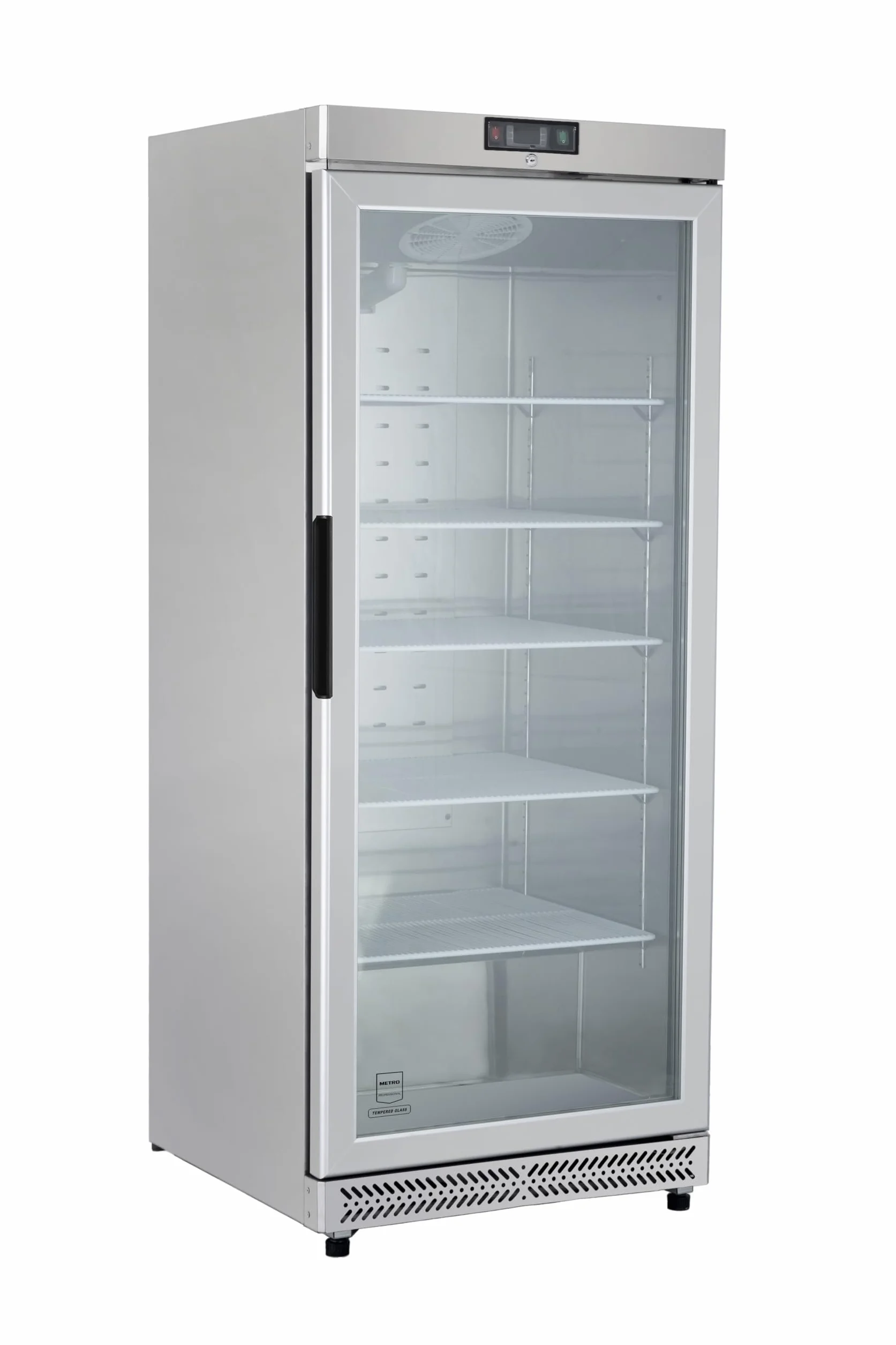 METRO Professional Glastürkühlschrank GRE6600SG, 380 L, 5 Einlegeböden, LED-Beleuchtung, mit Schloss, 2 Rollen, Silber