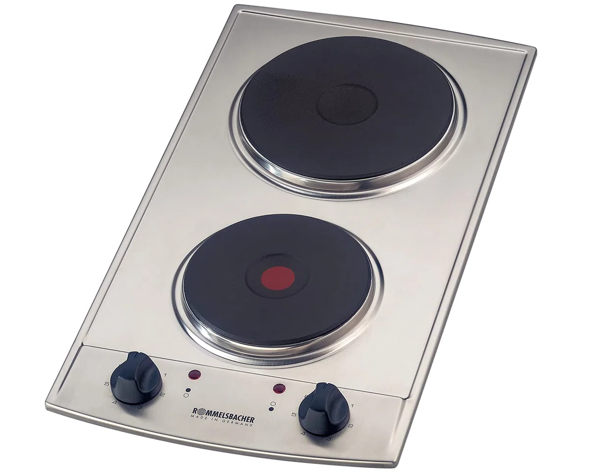 ROMMELSBACHER Domino Einbaukochfeld EBS 3074/E - Made in Germany, 2 Gussheizplatten, leistungsgesteuert über 7-Takt-Schalter, Überhitzungsschutz, 3000 Watt, Einbaumaße 27,0 x 50,0 x 6,2 cm, Edelstahl