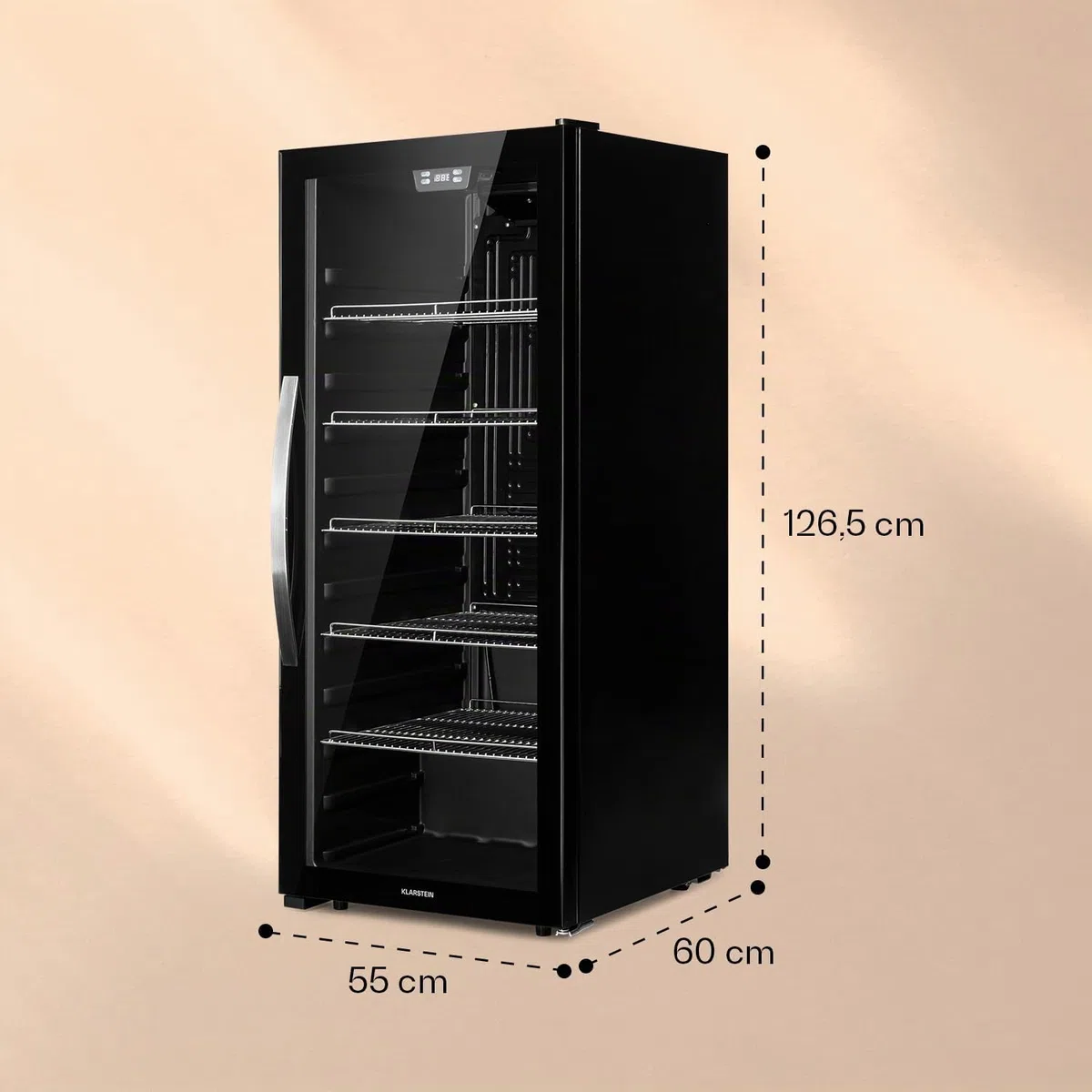 Klarstein Beersafe Getränkekühlschrank 242 L – Kühlschrank mit Glastür, Schwarz | LED-Beleuchtung, herausnehmbare Metallablagen, leise, Flaschenkühlschrank für Getränke & Dosen
