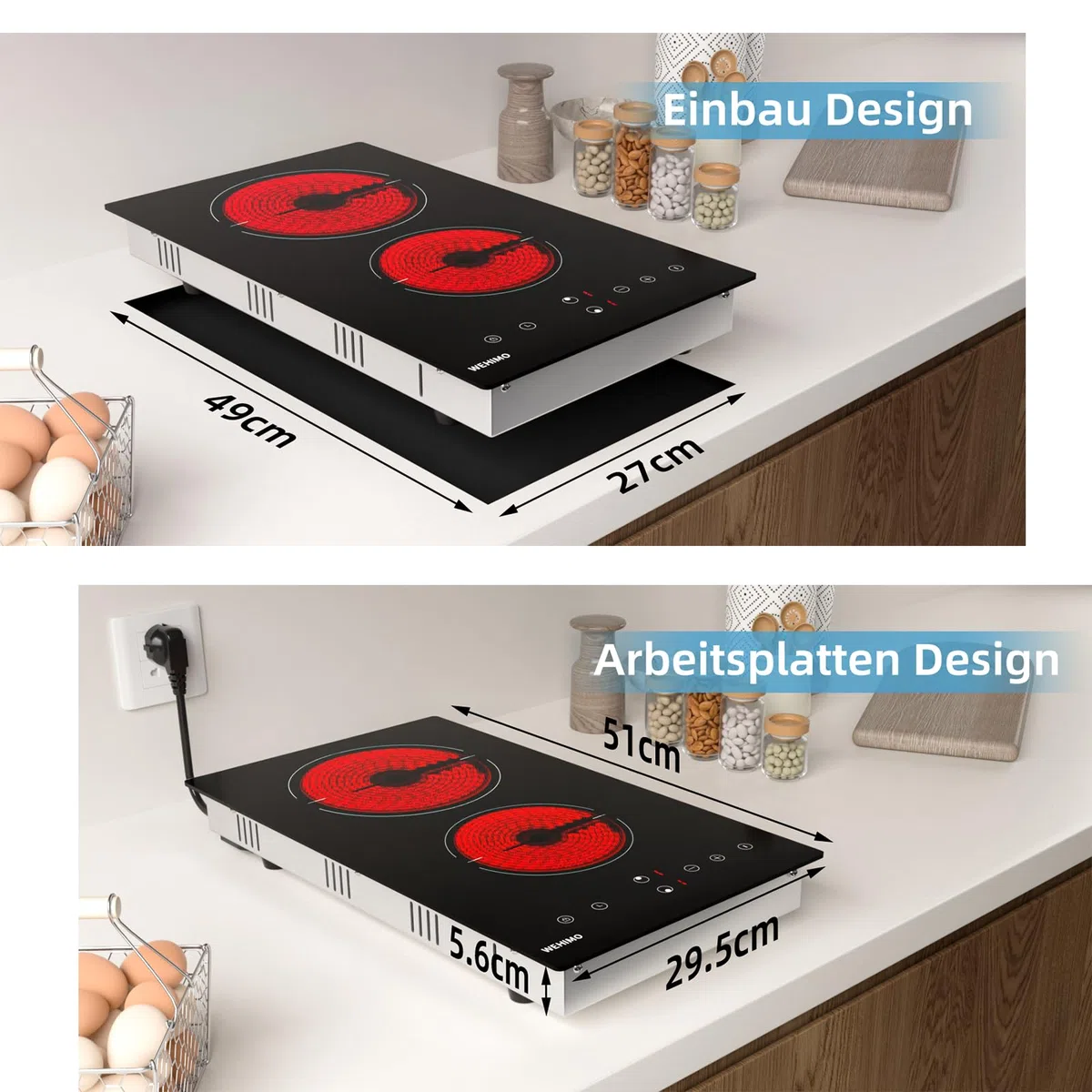WEHIMO Domino Glaskeramikkochfeld 29.5cm, 3000W 2 Kochzonen, Berührungssteuerung, Kindersicherung & Timer, Für Alle Töpfe (2er-Pack)