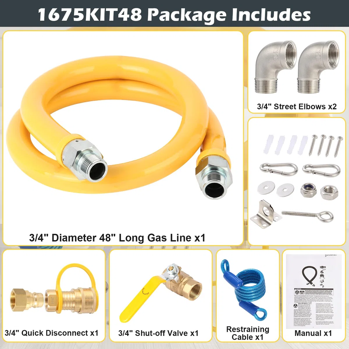 Wayona 1,9 cm Gasschlauch mit Schnellverbindungsstücken, 121,9 cm Gas-Flexleitungsanschluss-Set, 1675kit48 Sicherheitssystem-Set, flexibler Erdgasleitungsschlauch für gewerbliche Küchenausstattung