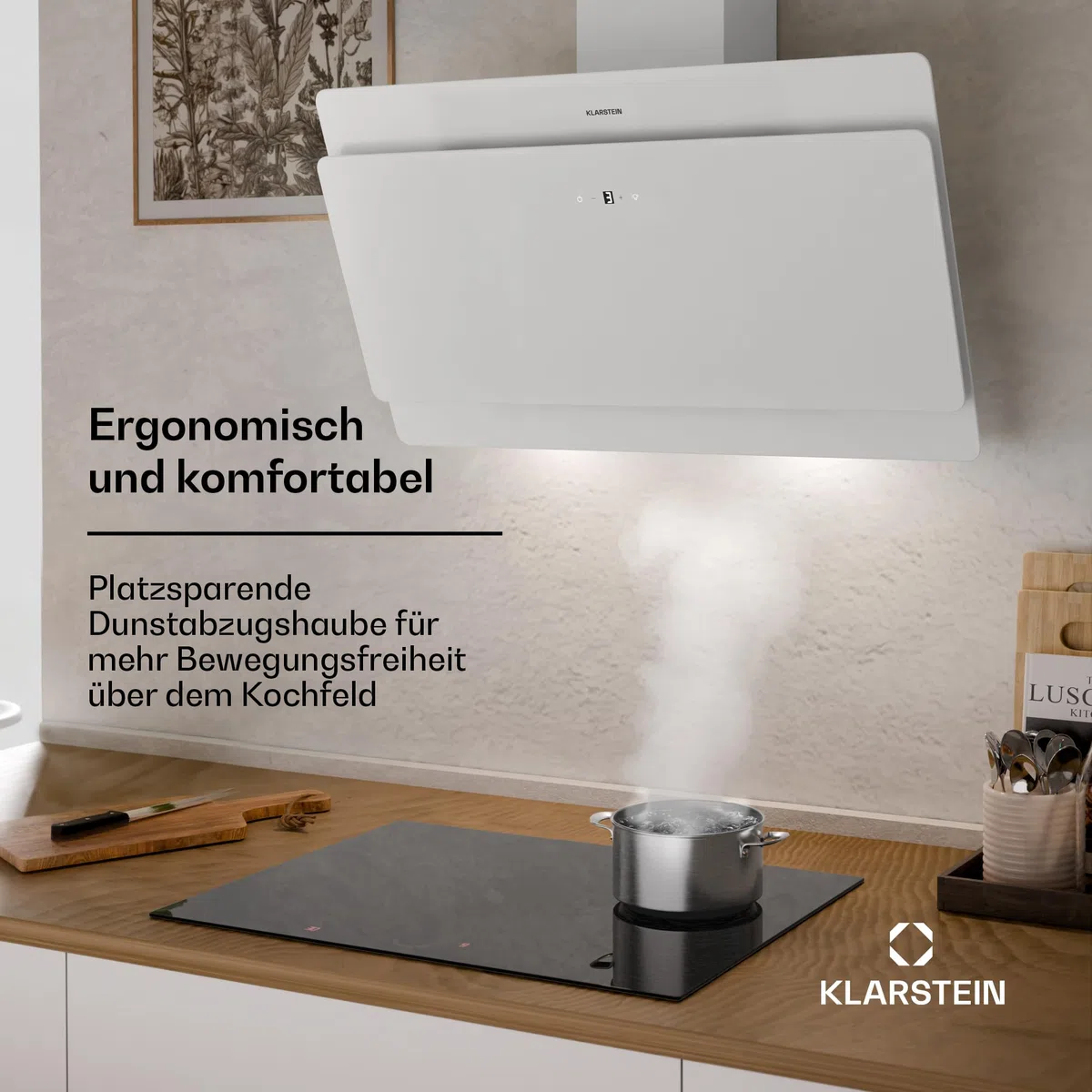 Klarstein Dunstabzugshaube, Abzugshaube Kopffrei, Leiser Dunstabzug, Dunstabzugshaube mit Filter, Wandhaube mit 3 Stufen, Dunstabzugshaube Abluft, Dunstabzugshaube 90 cm, 620 m³/h, 165 Watt, Weiß