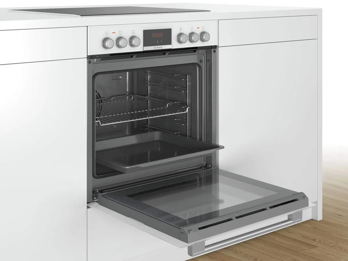 Bosch HND411LW61 Herd-Glaskeramik-Kochfeld-Kombination (herdgesteuert), 59,4 cm breit, 3D Heißluft Backen auf 3 Ebenen, LED-Display-Steuerung, Versenkknebel, Bräterzone für großes Kochgeschirr