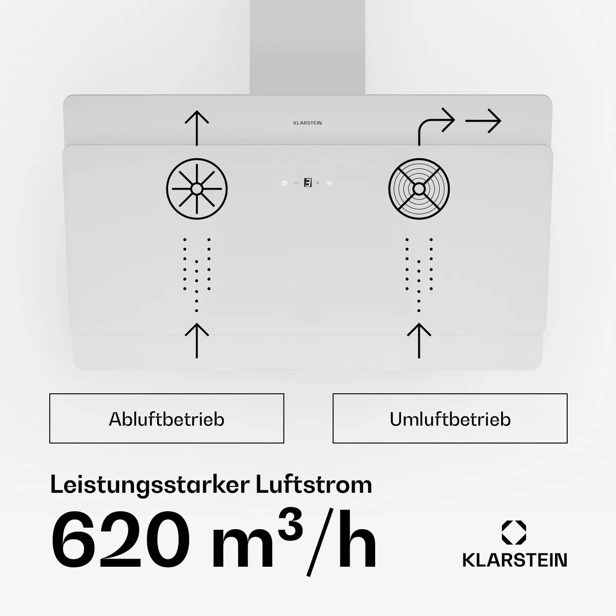 Klarstein Dunstabzugshaube, Abzugshaube Kopffrei, Leiser Dunstabzug, Dunstabzugshaube mit Filter, Wandhaube mit 3 Stufen, Dunstabzugshaube Abluft, Dunstabzugshaube 90 cm, 620 m³/h, 165 Watt, Weiß