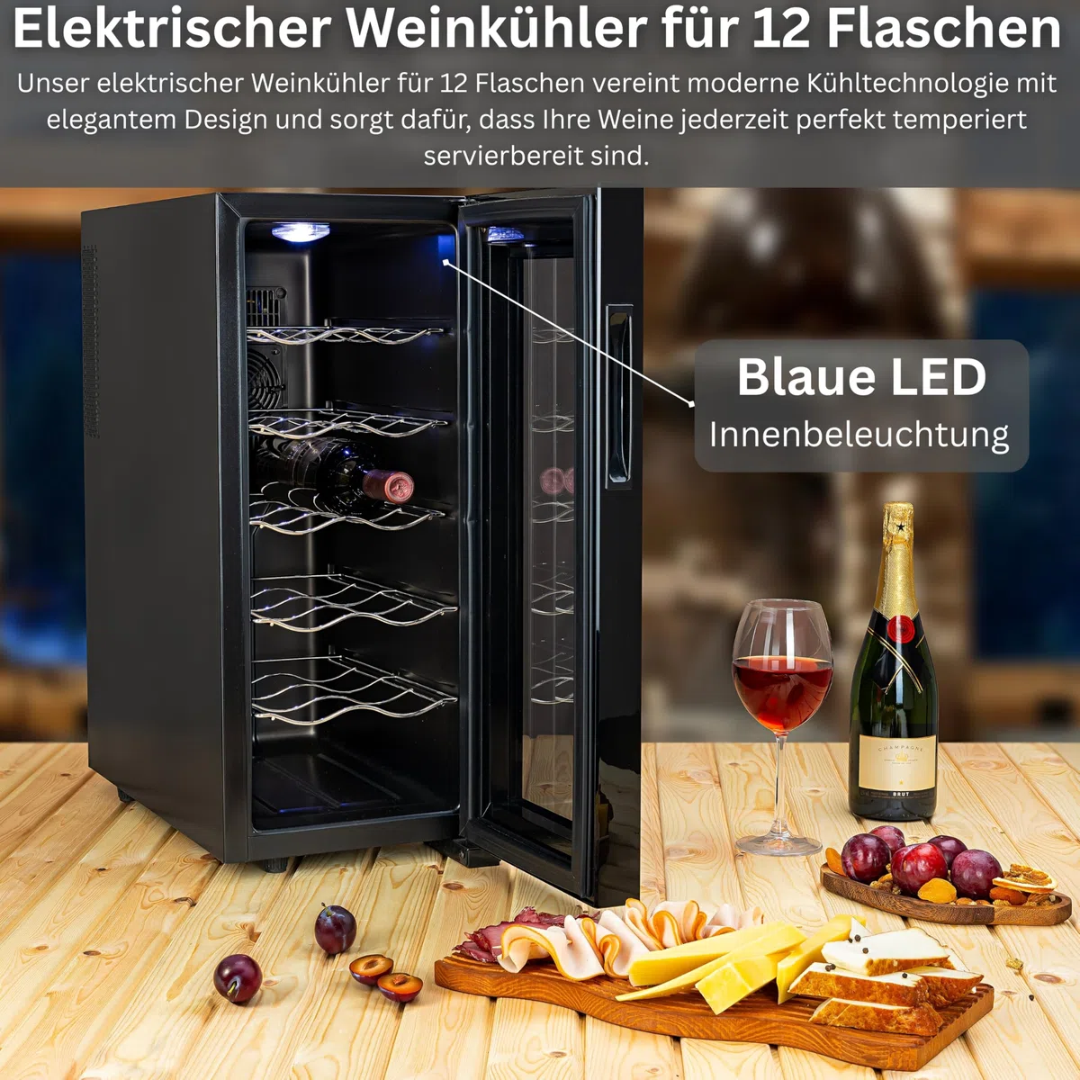 Zilan Weinkühlschrank mit Touch-Bedienfeld – 33 Liter / 12 Flaschen – Edelstahl Getränkekühlschrank Mini Kühlschrank Minibar mit UV-Glastür - leiser Betrieb <27 dB, stufenlose Temperaturregelung