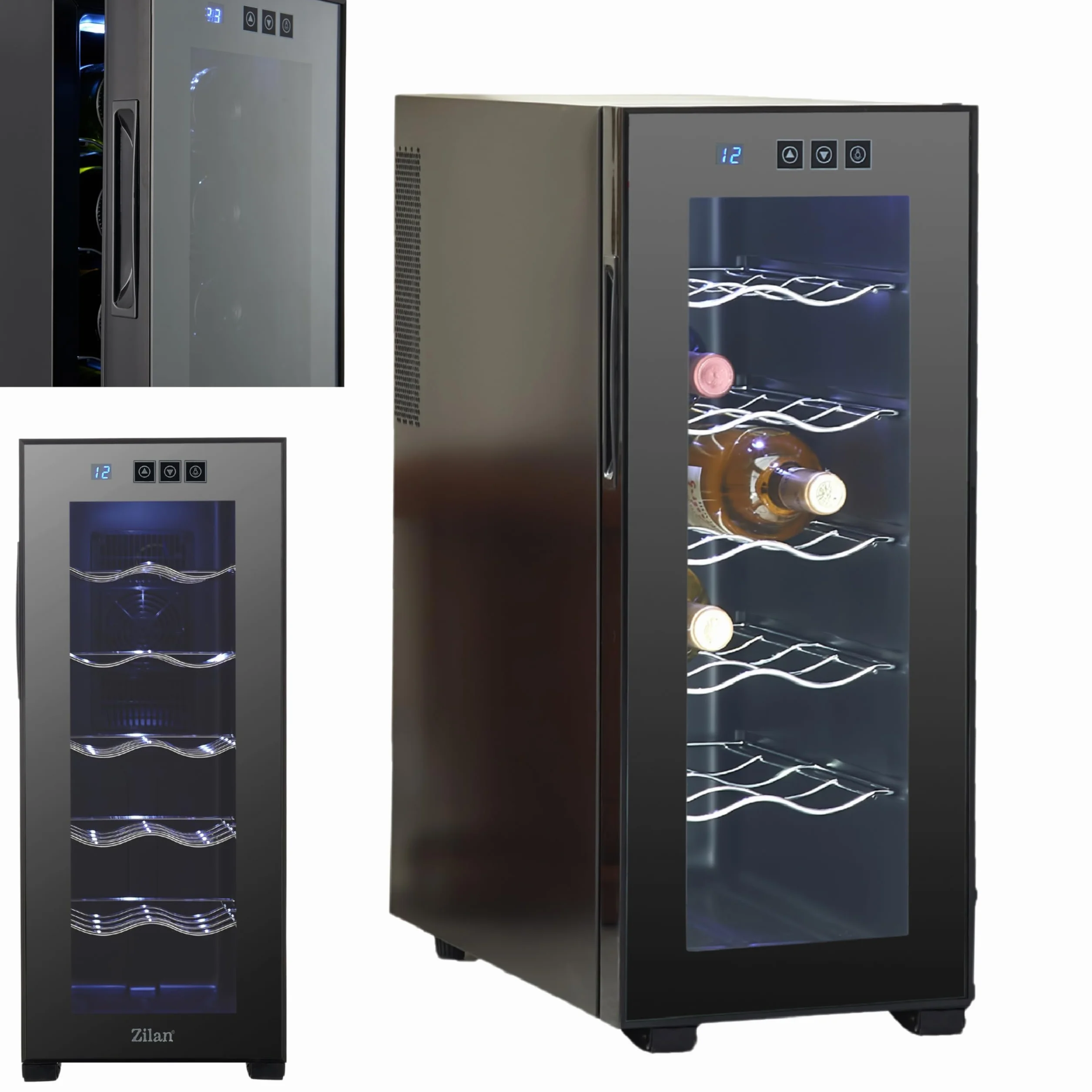 Zilan Weinkühlschrank mit Touch-Bedienfeld – 33 Liter / 12 Flaschen – Edelstahl Getränkekühlschrank Mini Kühlschrank Minibar mit UV-Glastür - leiser Betrieb <27 dB, stufenlose Temperaturregelung