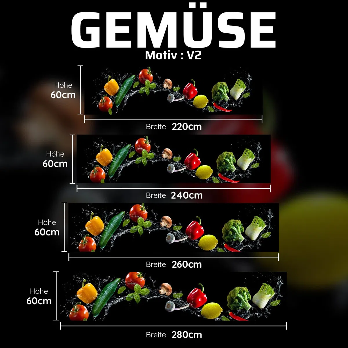Dedeco Küchenrückwand Motiv: Obst & Gemüse V1, 3mm Aluminium Platte als Fliesenverkleidung Spritzschutz Küchenwand Verbundplatte wasserfest, inkl. UV-Lack glänzend, alle Untergründe, 260 x 60 cm
