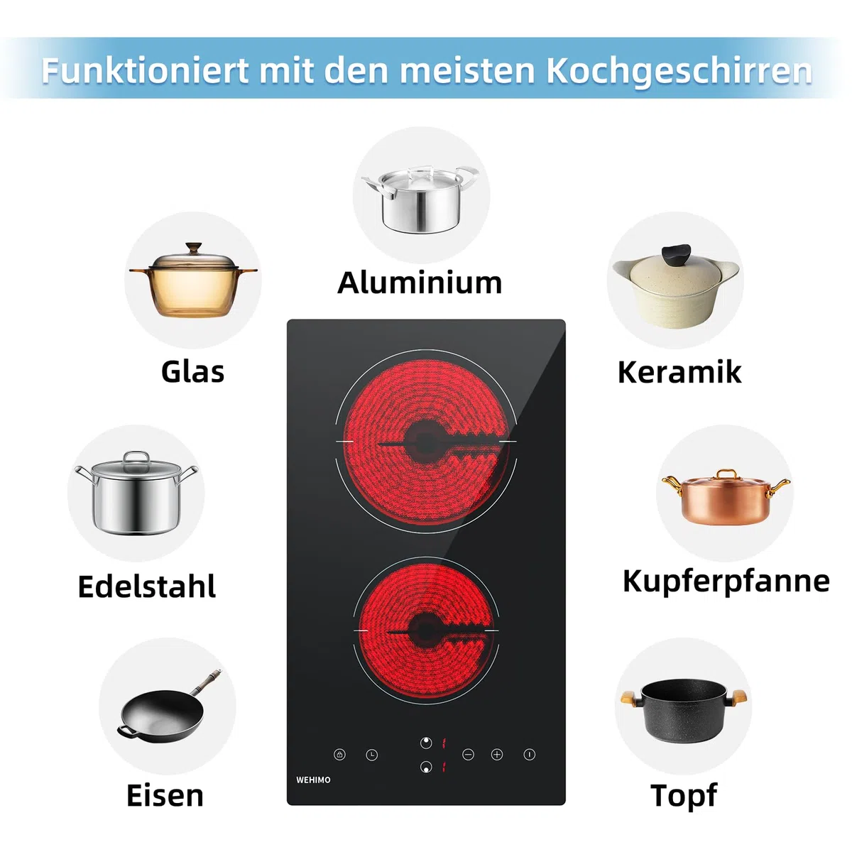 WEHIMO Domino Glaskeramikkochfeld 29.5cm, 3000W 2 Kochzonen, Berührungssteuerung, Kindersicherung & Timer, Für Alle Töpfe (2er-Pack)