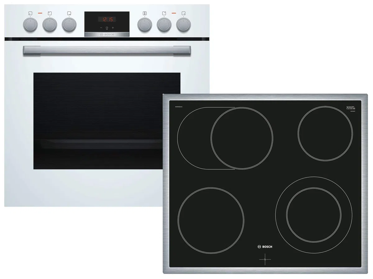 Bosch HND411LW61 Herd-Glaskeramik-Kochfeld-Kombination (herdgesteuert), 59,4 cm breit, 3D Heißluft Backen auf 3 Ebenen, LED-Display-Steuerung, Versenkknebel, Bräterzone für großes Kochgeschirr