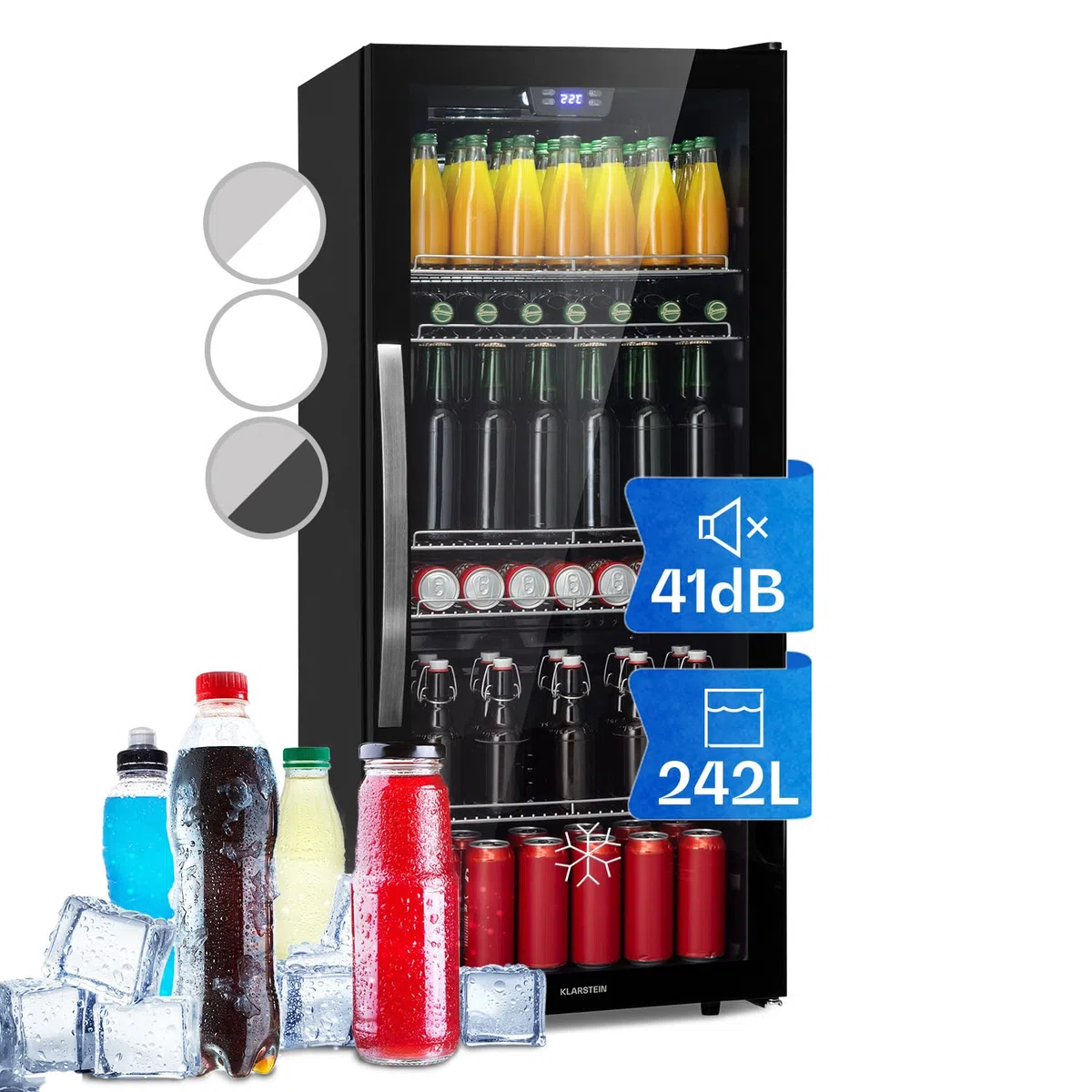 Klarstein Beersafe Getränkekühlschrank 242 L – Kühlschrank mit Glastür, Schwarz | LED-Beleuchtung, herausnehmbare Metallablagen, leise, Flaschenkühlschrank für Getränke & Dosen