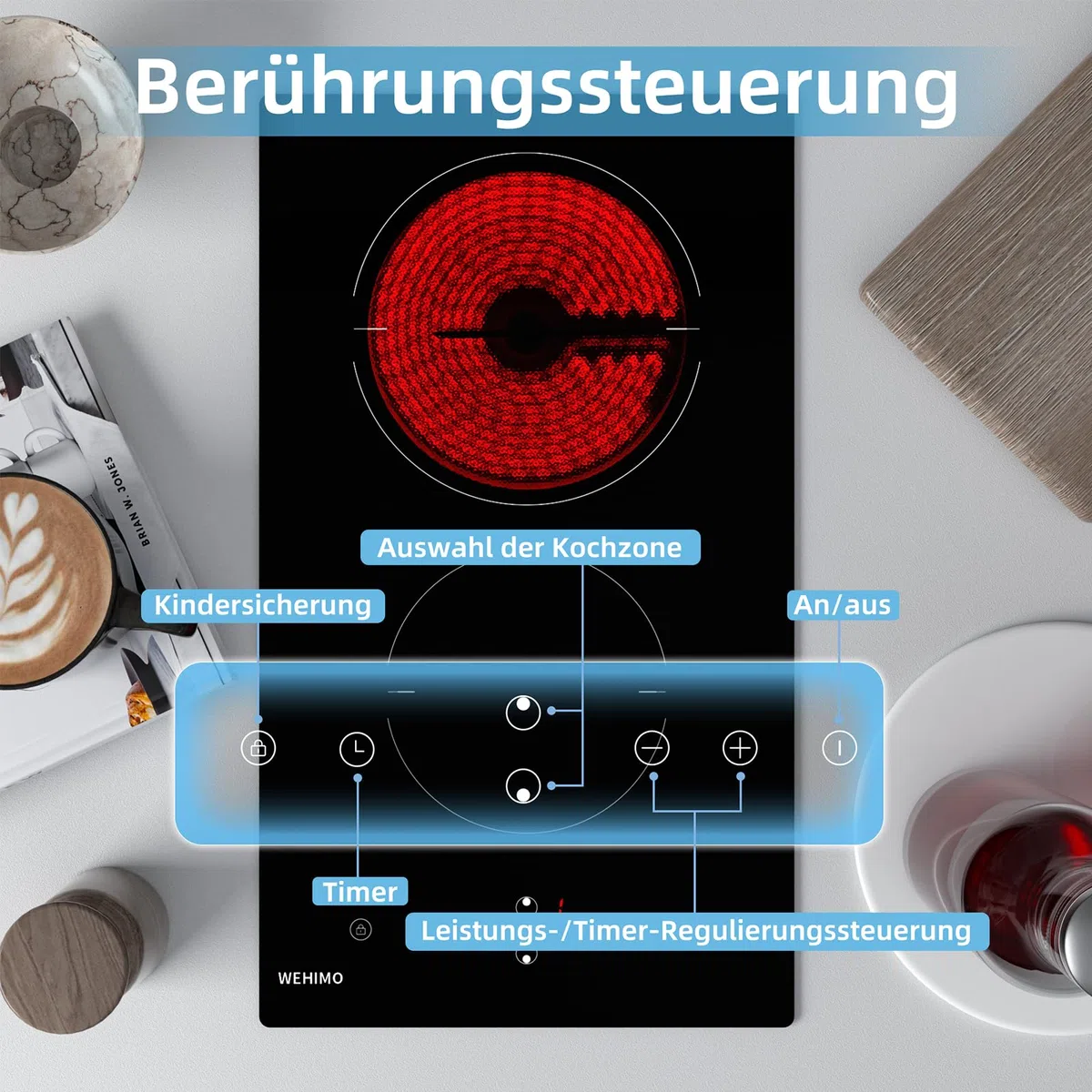 WEHIMO Domino Glaskeramikkochfeld 29.5cm, 3000W 2 Kochzonen, Berührungssteuerung, Kindersicherung & Timer, Für Alle Töpfe (2er-Pack)