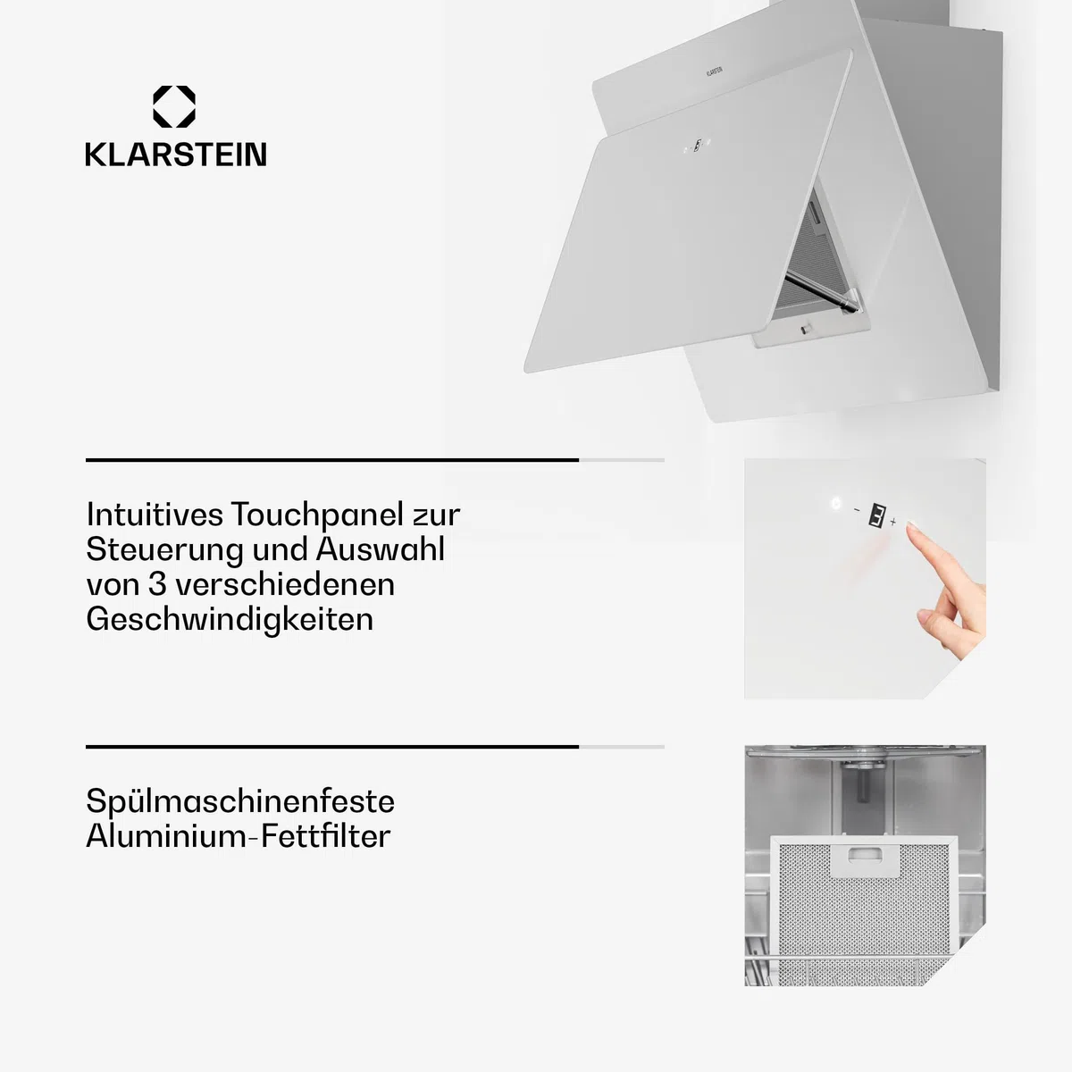 Klarstein Dunstabzugshaube, Abzugshaube Kopffrei, Leiser Dunstabzug, Dunstabzugshaube mit Filter, Wandhaube mit 3 Stufen, Dunstabzugshaube Abluft, Dunstabzugshaube 90 cm, 620 m³/h, 165 Watt, Weiß