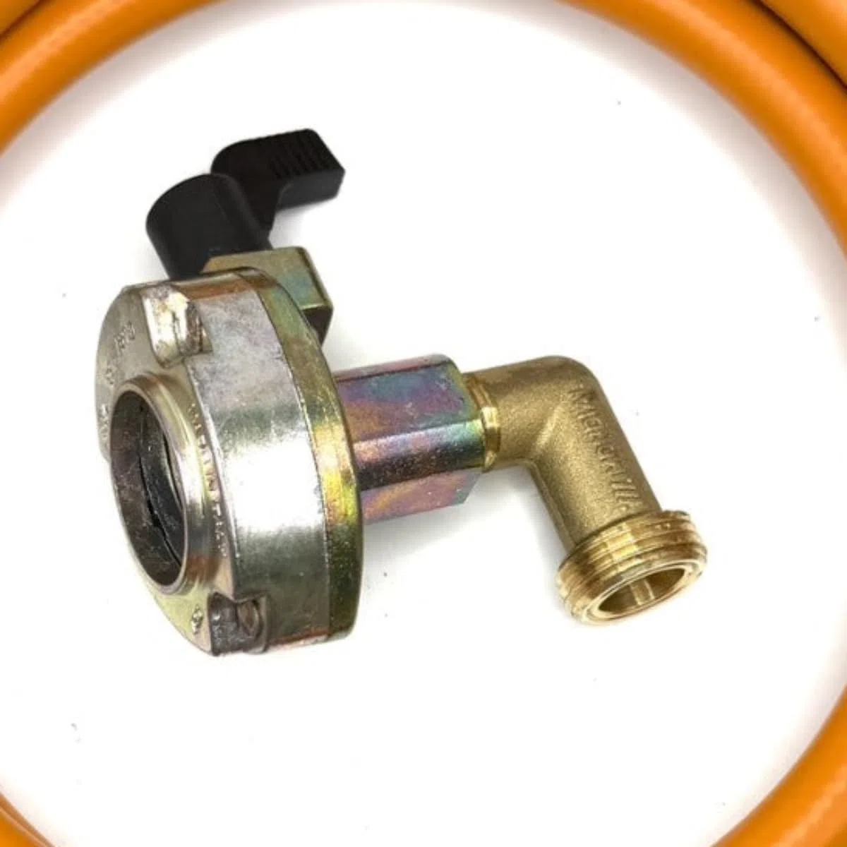 LPG Hochdruck-Gasschlauch 1,5m orange - 27mm 90° abgewinkelt Clip-On Gasflaschenadapter auf 21,8mm LH, ohne Rückschlagventil