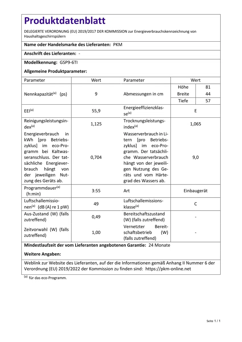 PKM Geschirrspüler GSP9-6TI | 9 Gedecke | 6 Programme | 49 dB | Eco-, 90 Min-, Glas-, Schnell-, Intensivprogramm | Startzeitvorwahl | Teilintegriert | 2 Körbe | 1 Besteckkorb | Energieeffizienz E