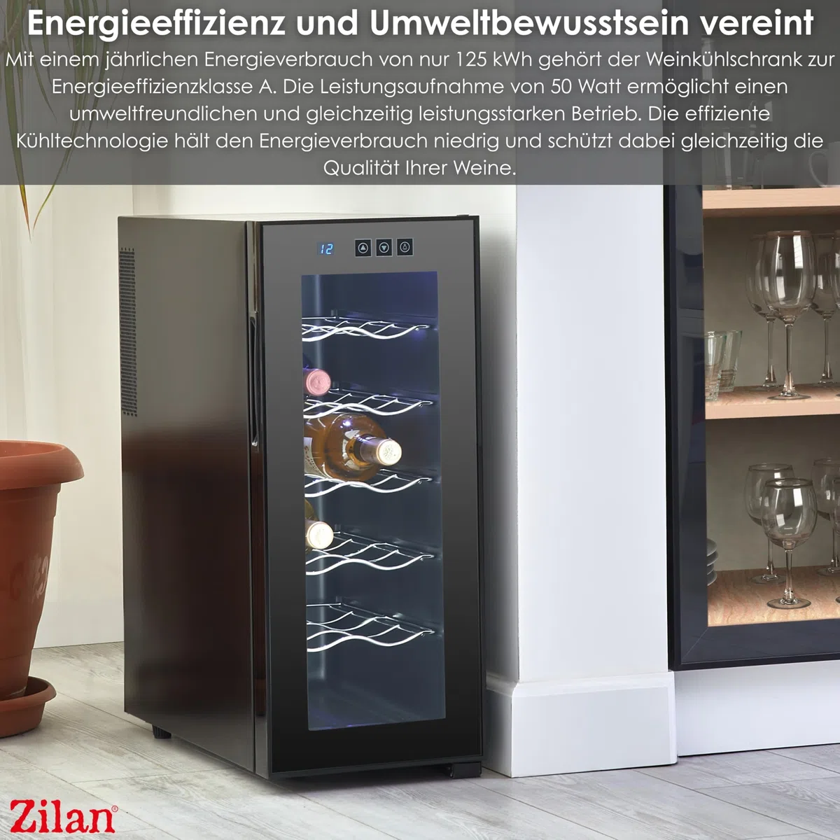 Zilan Weinkühlschrank mit Touch-Bedienfeld – 33 Liter / 12 Flaschen – Edelstahl Getränkekühlschrank Mini Kühlschrank Minibar mit UV-Glastür - leiser Betrieb <27 dB, stufenlose Temperaturregelung