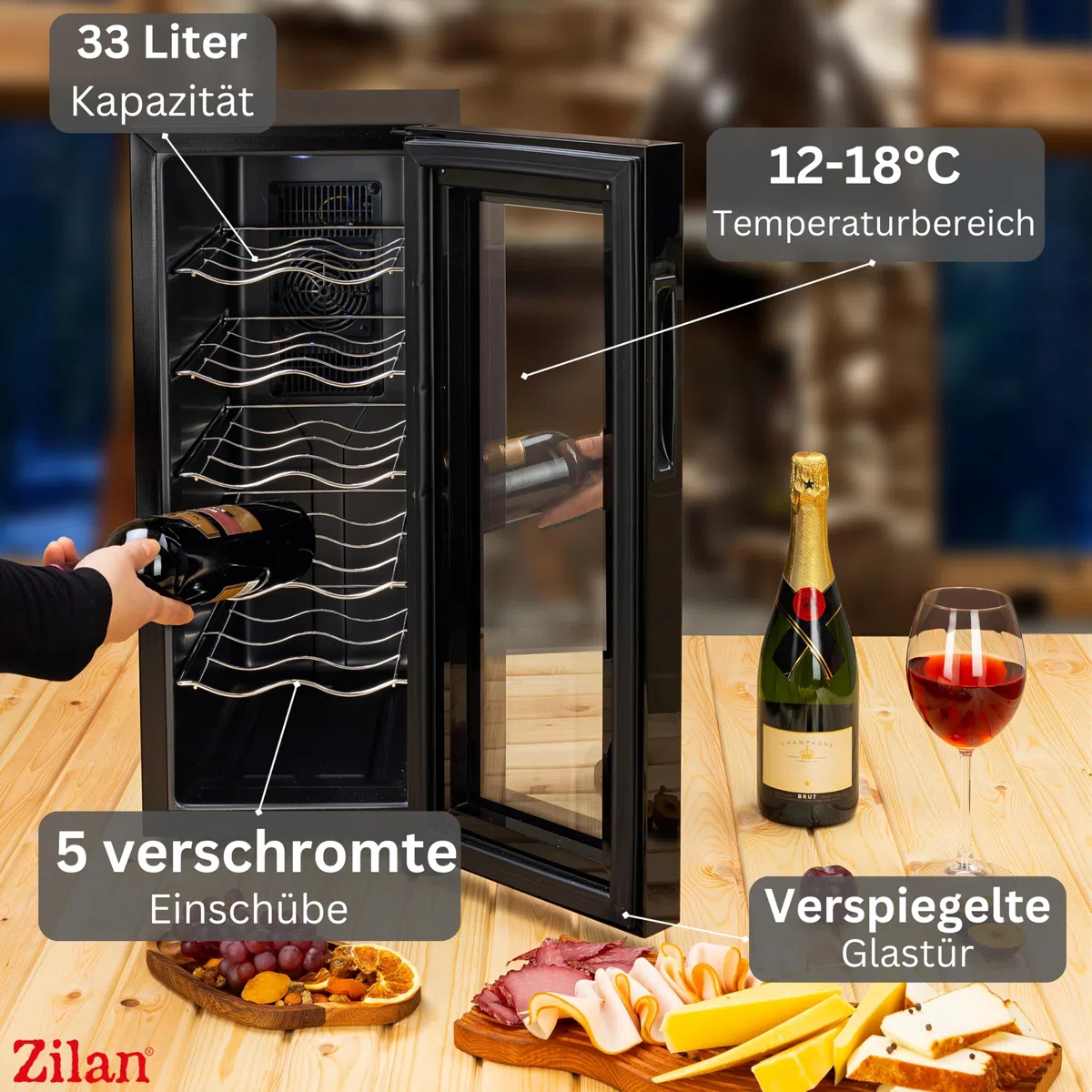 Zilan Weinkühlschrank mit Touch-Bedienfeld – 33 Liter / 12 Flaschen – Edelstahl Getränkekühlschrank Mini Kühlschrank Minibar mit UV-Glastür - leiser Betrieb <27 dB, stufenlose Temperaturregelung
